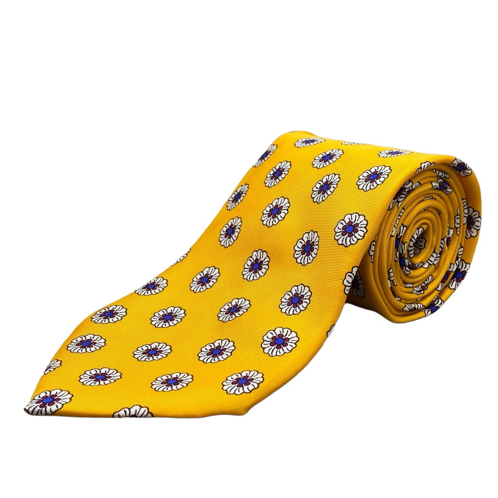 Brooks Brothers All Silk Yellow Tie With White Floral Pattern